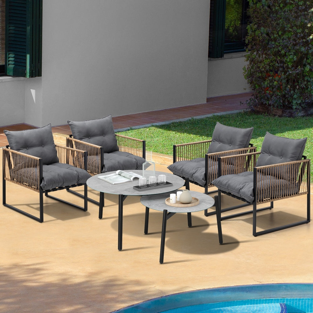 6PCS Outdoor Patio Set Grey Coffee Table Set Rattan Chairs