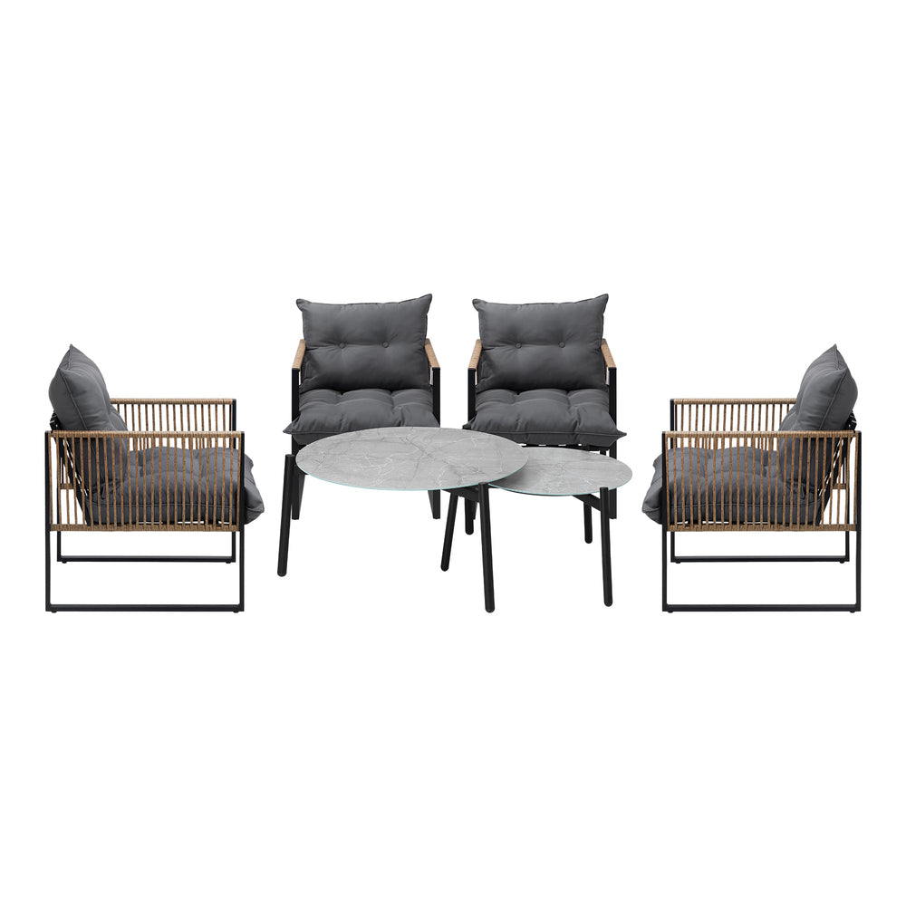 6PCS Outdoor Patio Set Grey Coffee Table Set Rattan Chairs