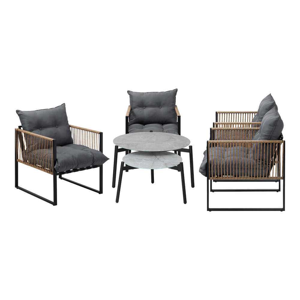 6PCS Outdoor Patio Set Grey Coffee Table Set Rattan Chairs