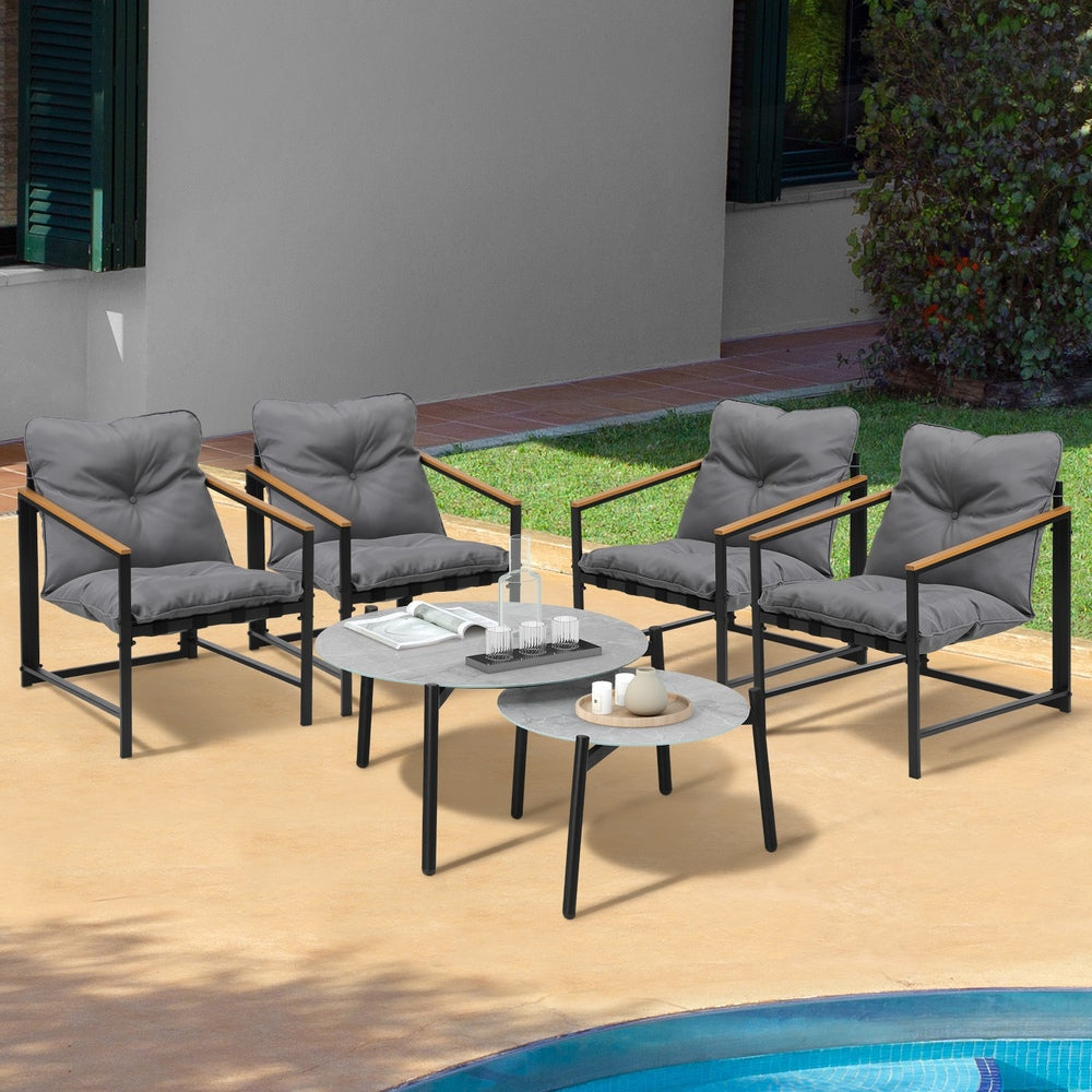 6PC Outdoor Patio Set Round Grey Marble Table Sets with Chairs