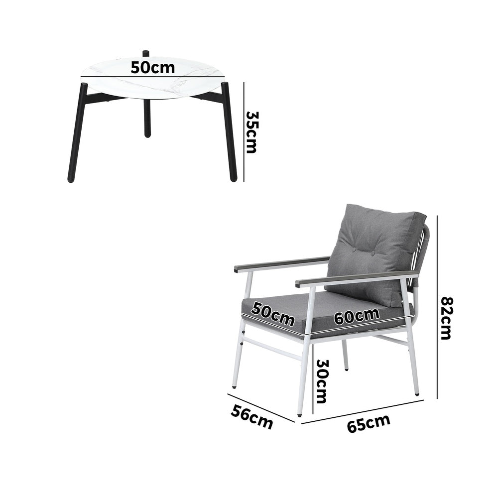 Livsip 3pcs Outdoor Patio Set 50cm Table Grey and White Armchairs