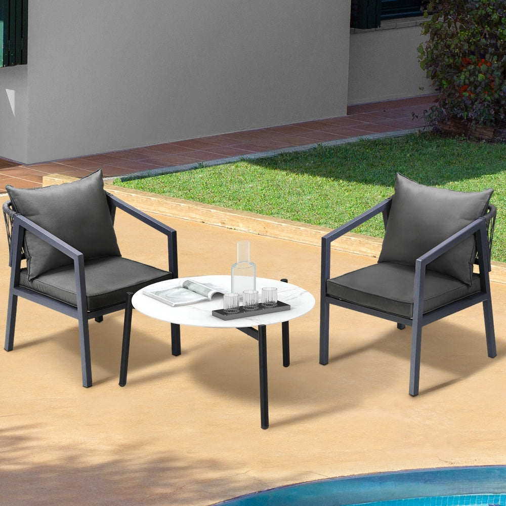 Livsip 3PCS Outdoor Patio Set White 70cm Coffee Table Grey Chairs