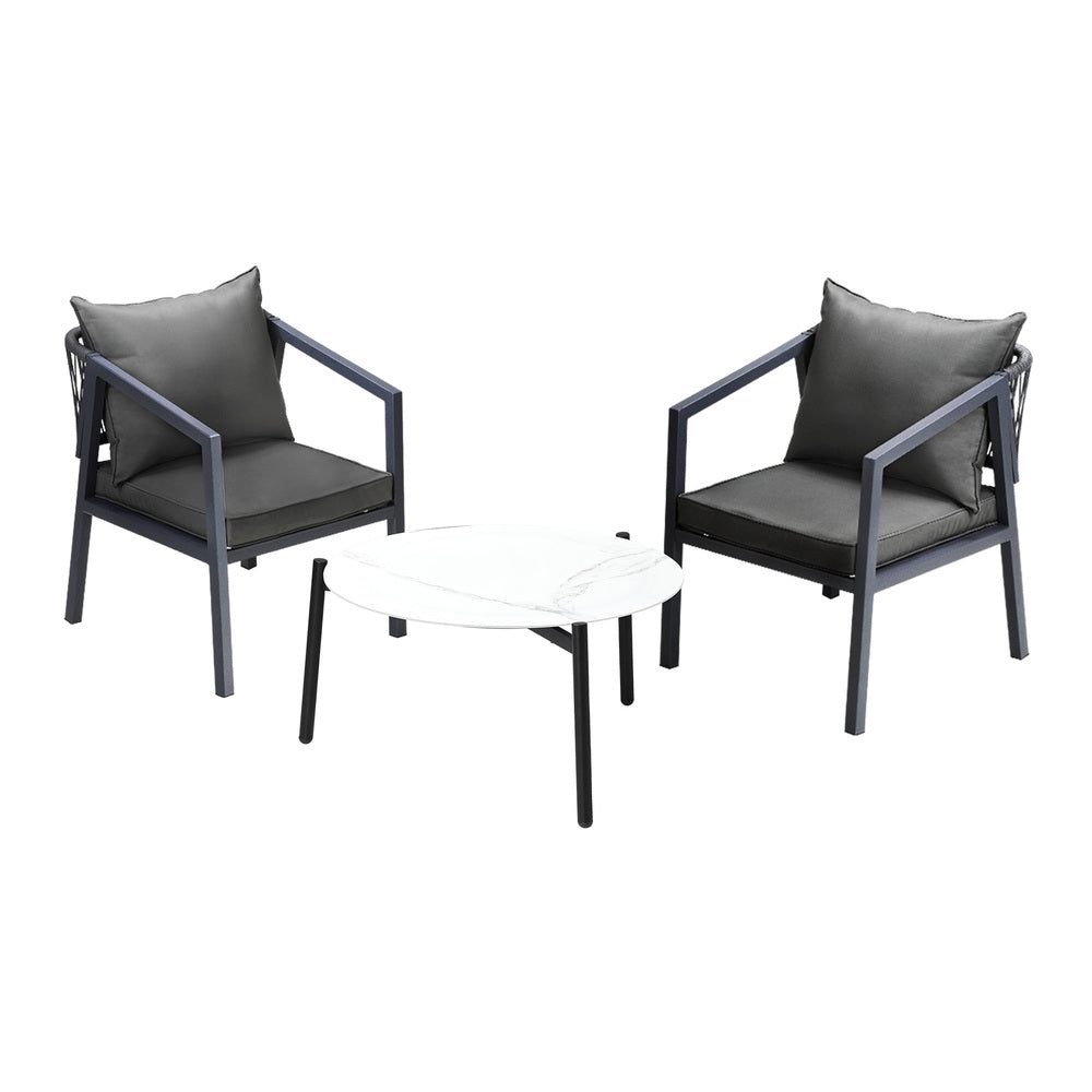 Livsip 3PCS Outdoor Patio Set White 70cm Coffee Table Grey Chairs