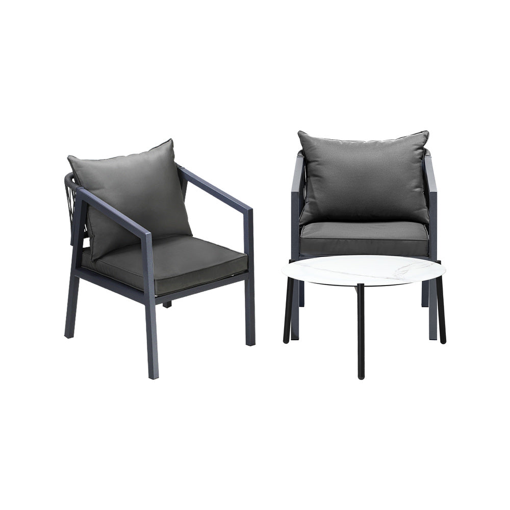 Livsip 3PCS Outdoor Patio Set White 70cm Coffee Table Grey Chairs