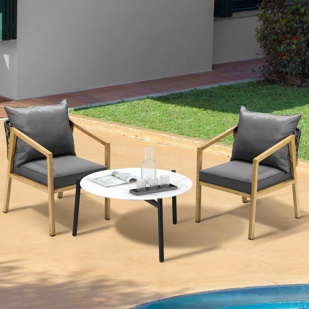 Livsip 3PCS Outdoor Patio Set 70cm Coffee Table Grey and Natural Chairs