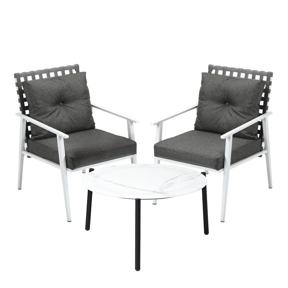 Livsip 3pc Outdoor Lounge Sets 70CM White Round Table Rattan Chairs