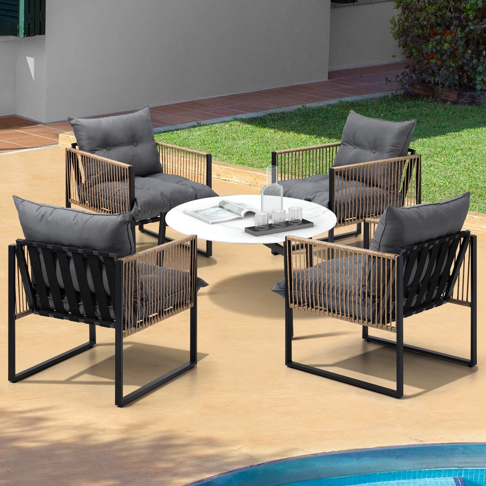 5PCS Outdoor Patio Set White 70cm Coffee Table Rattan Chairs