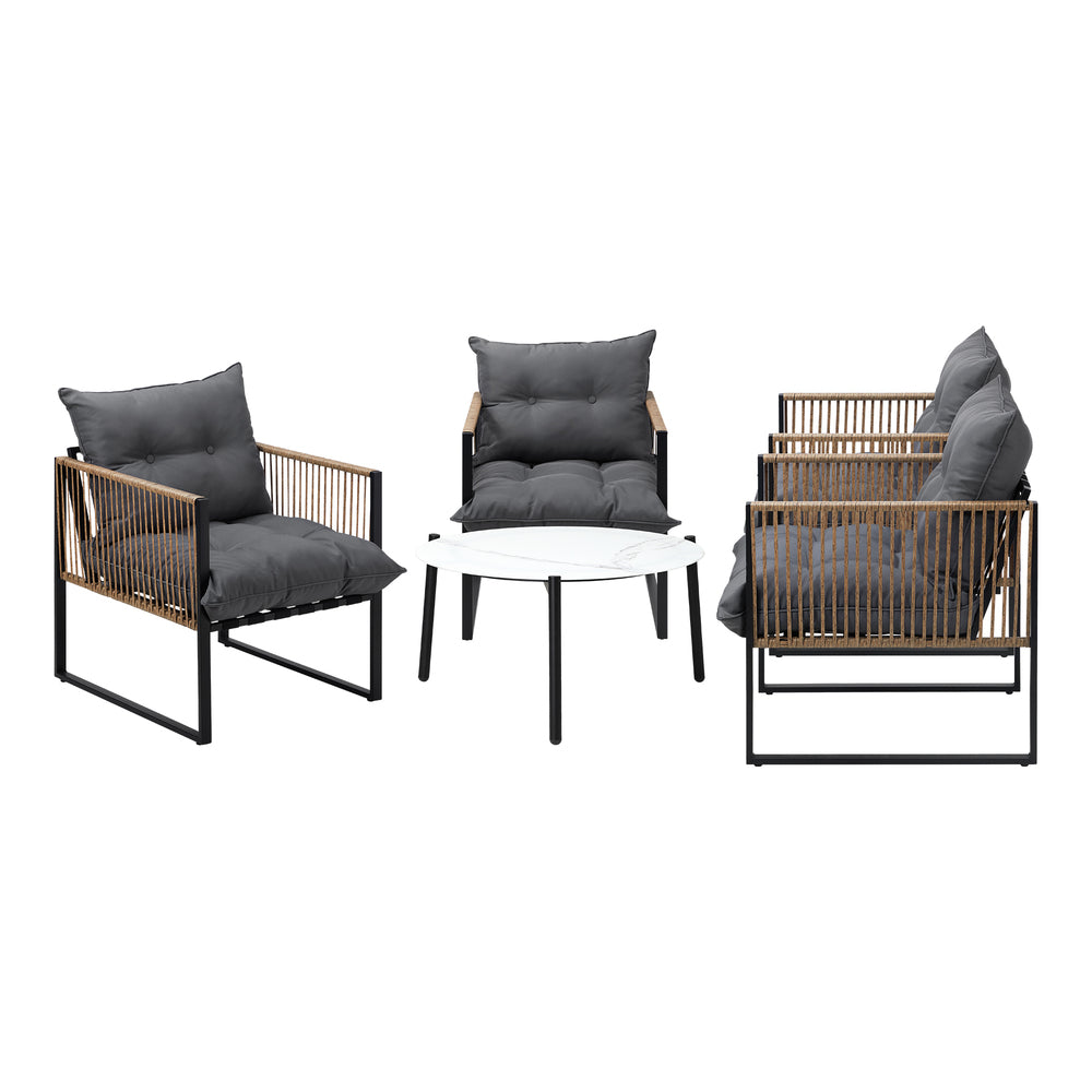 5PCS Outdoor Patio Set White 70cm Coffee Table Rattan Chairs