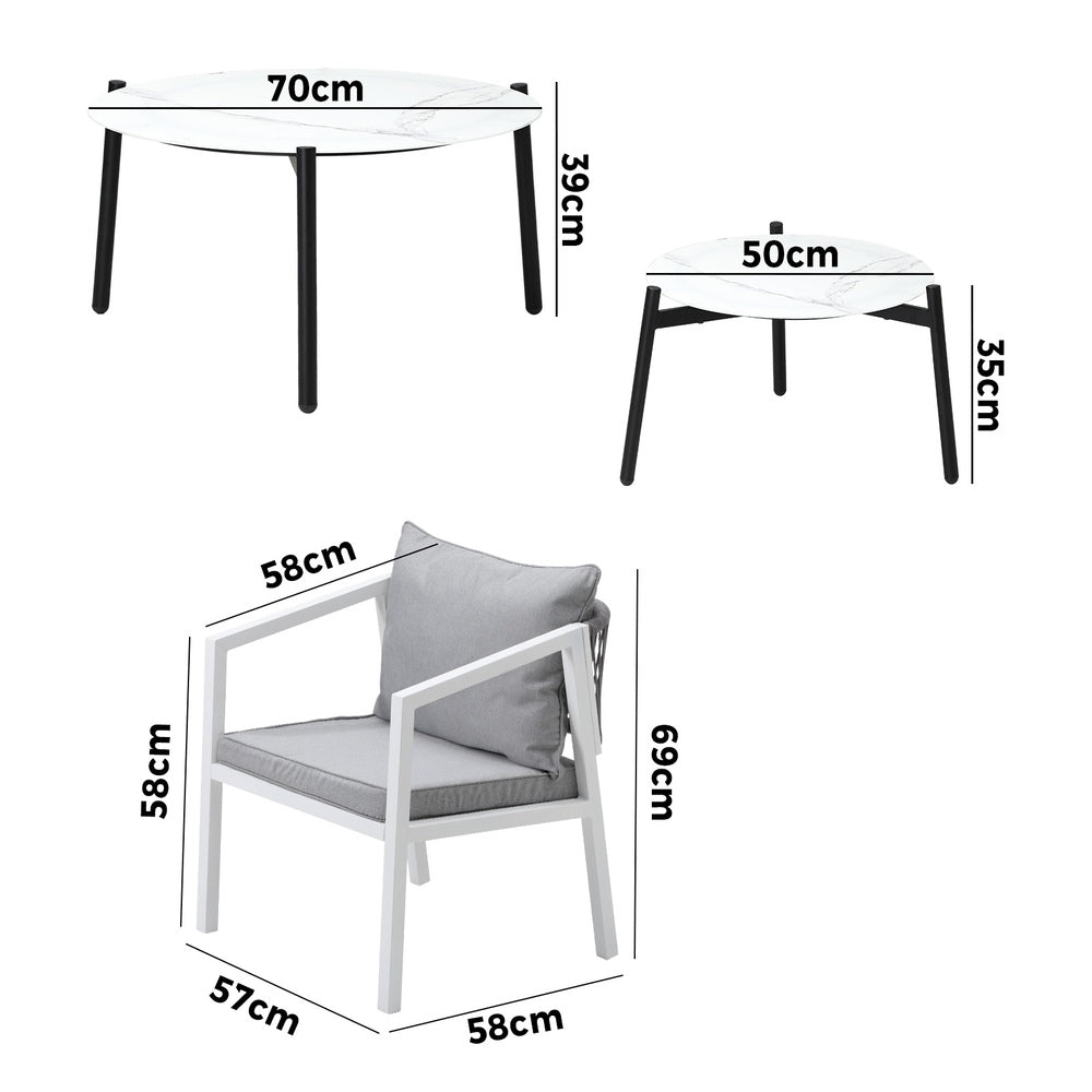 6PCS Outdoor Patio Set White 70cm Coffee Table Set White Chairs