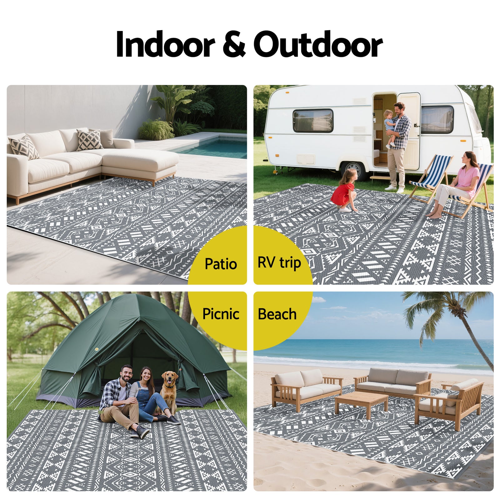 Outdoor Rugs 274x366cm Large Carpet Reversible Area Mat PP Dual-Sided Patio Rug Bohemian