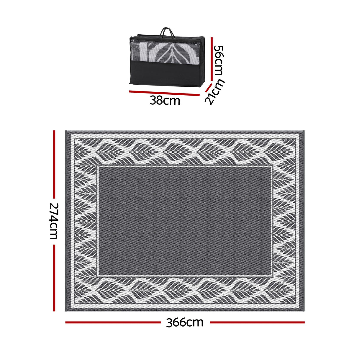 Gardeon Outdoor Rugs 274x366cm Large Carpet Reversible PP Dual-Sided Area Mat Patio Rug Grey