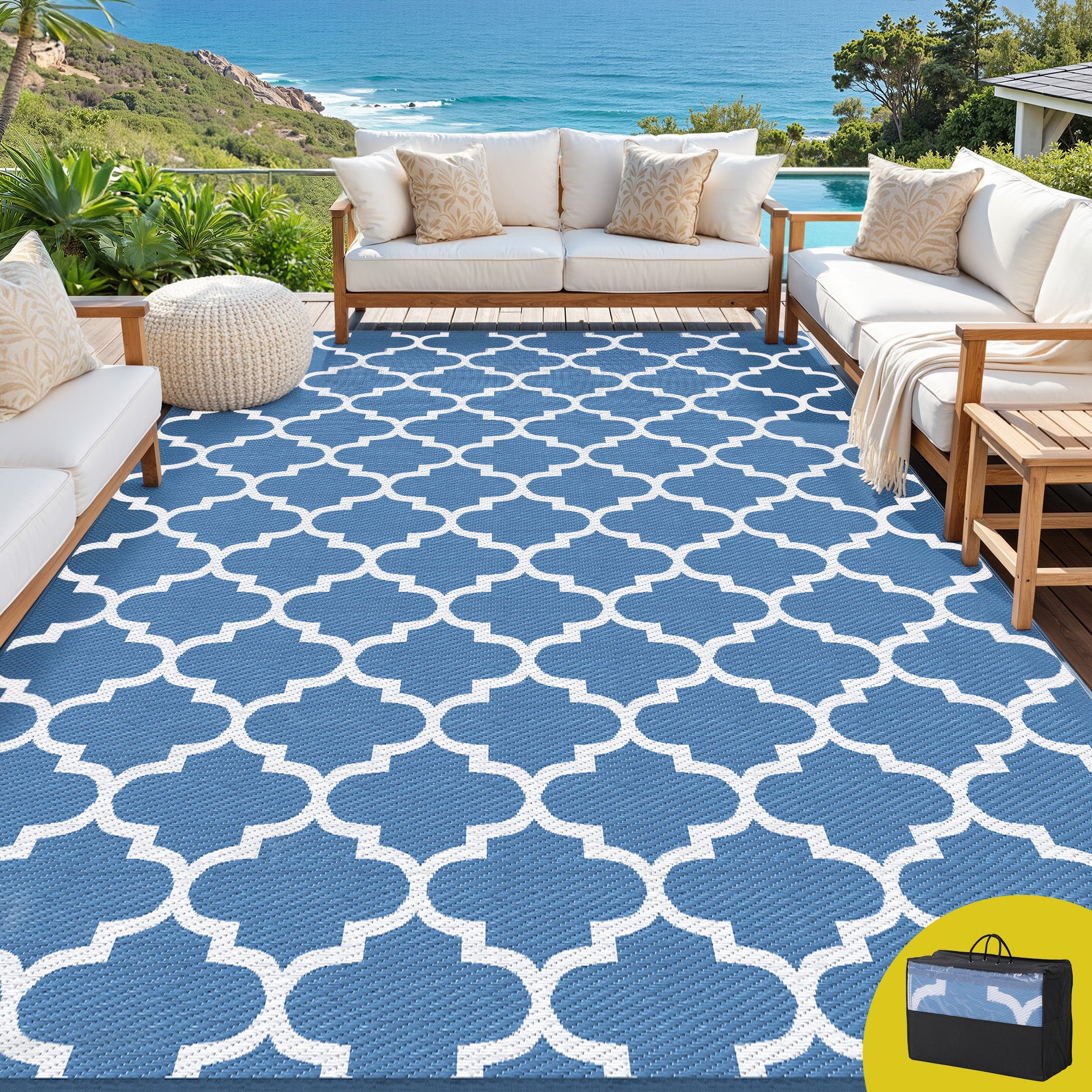Outdoor Rugs 274x366cm Large Carpet Reversible Area Mat PP Dual-Sided Patio Rug Blue