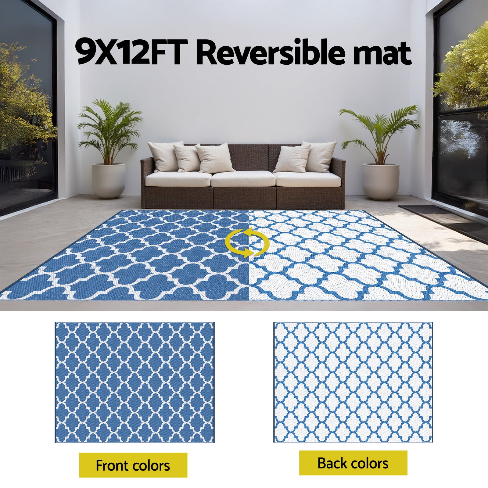 Outdoor Rugs 274x366cm Large Carpet Reversible Area Mat PP Dual-Sided Patio Rug Blue