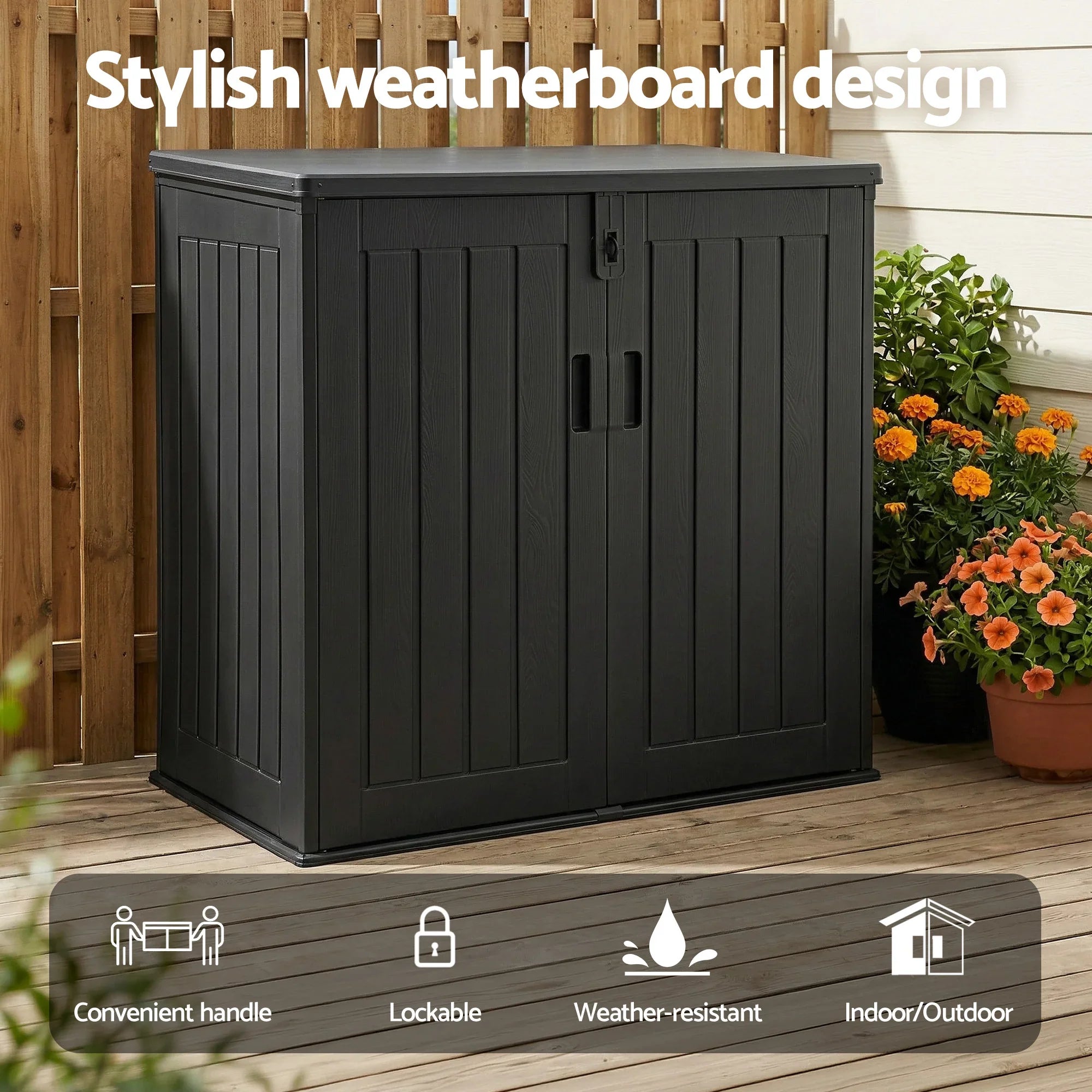 775L Outdoor Storage Box – Triple‑Door PP Shed, Lockable Lid, Black