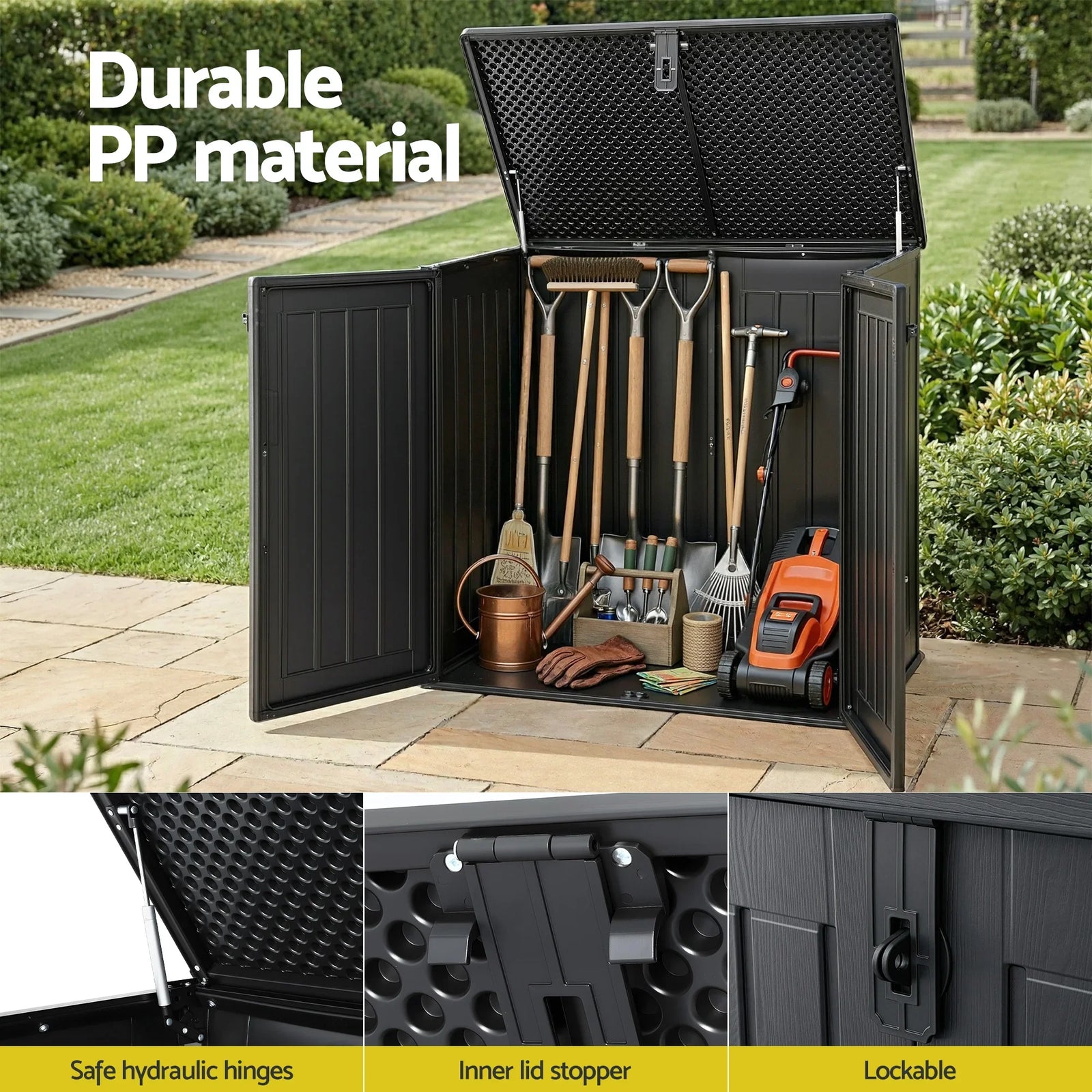 775L Outdoor Storage Box – Triple‑Door PP Shed, Lockable Lid, Black
