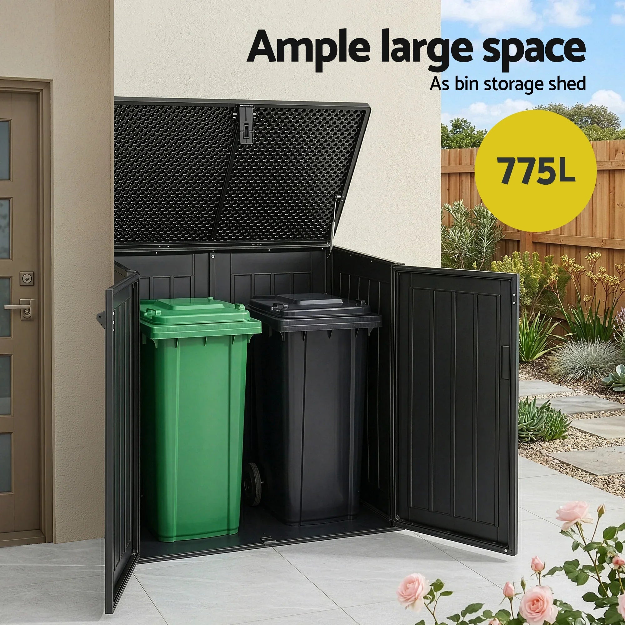 775L Outdoor Storage Box – Triple‑Door PP Shed, Lockable Lid, Black