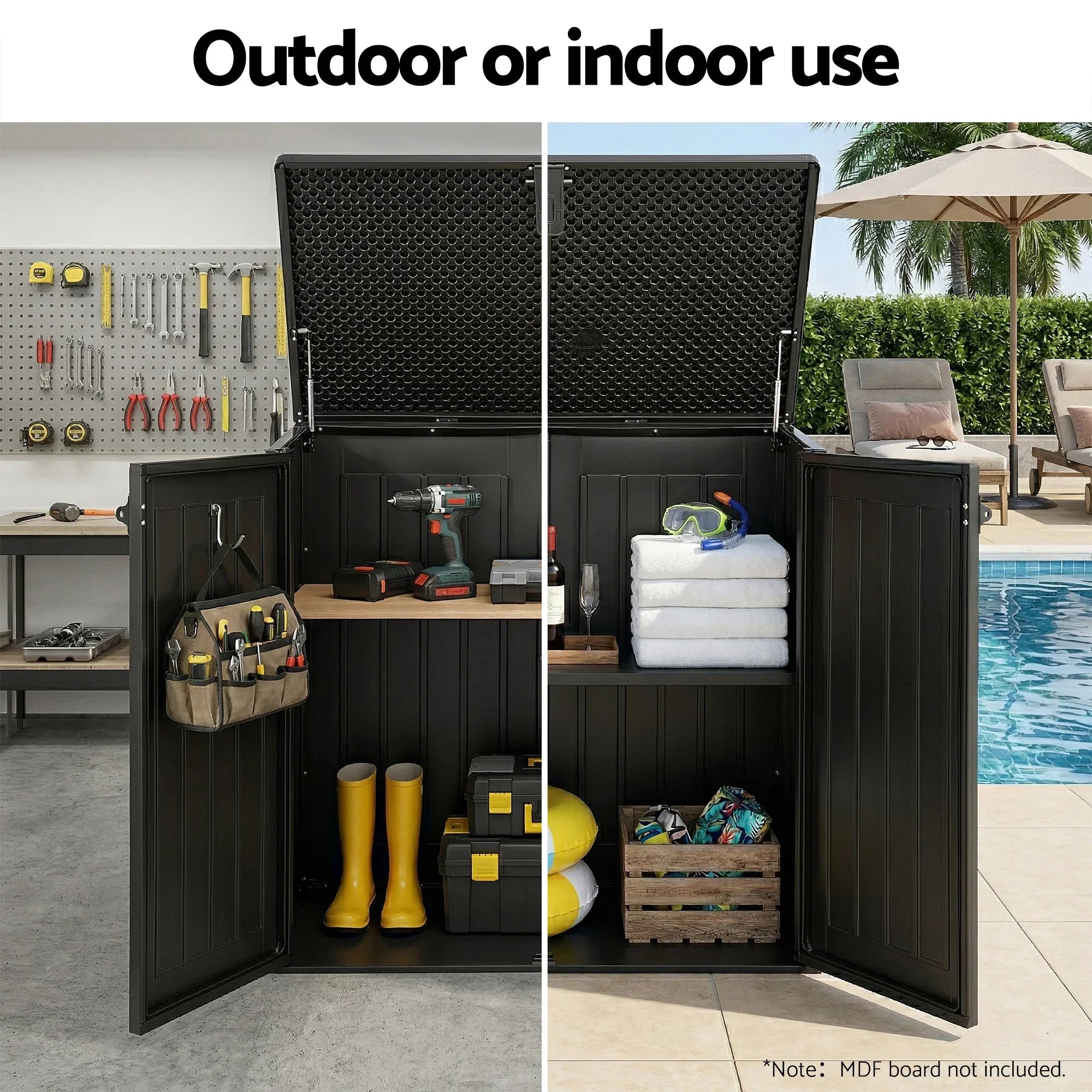 775L Outdoor Storage Box – Triple‑Door PP Shed, Lockable Lid, Black