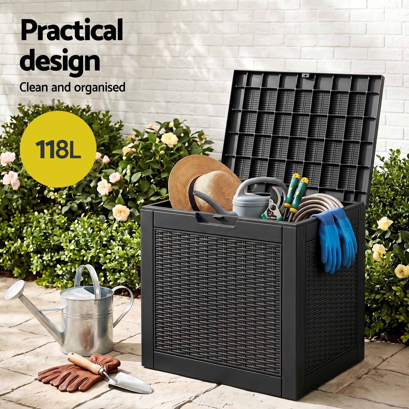 Outdoor Storage Box 118L Container Lockable Garden Toy Tool Rattan-Texture Black