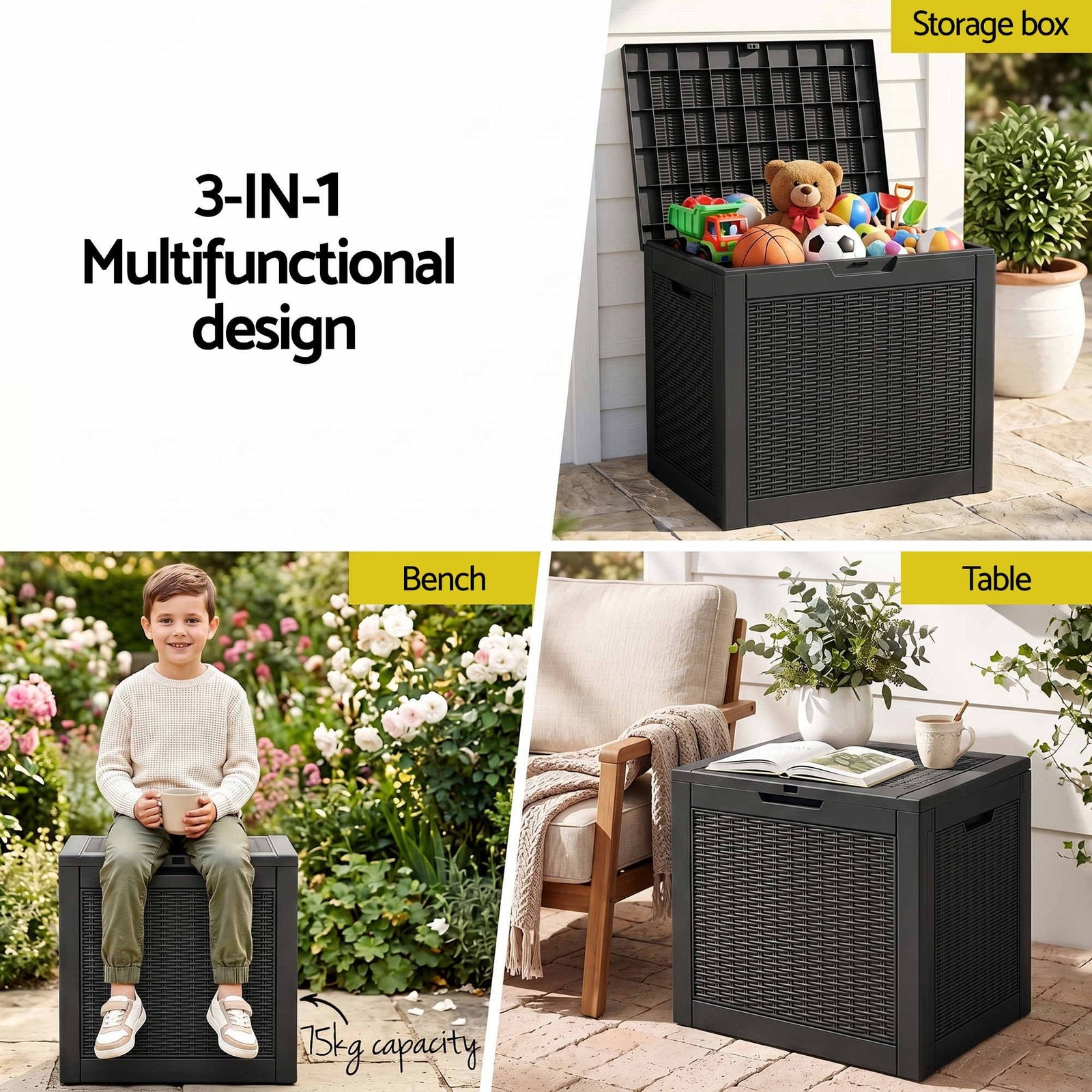 Outdoor Storage Box 118L Container Lockable Garden Toy Tool Rattan-Texture Black