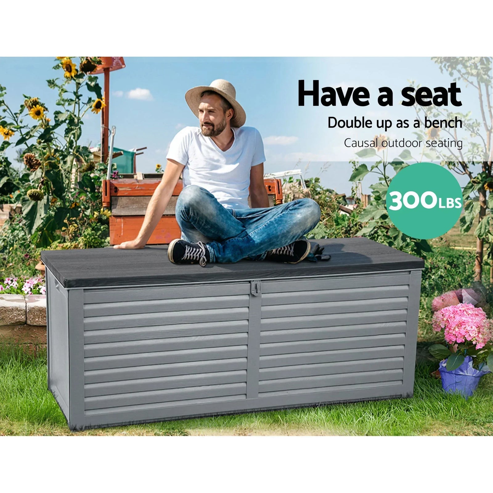 Outdoor Storage Box 390L Weatherproof Lockable Bench Seat 136kg Grey