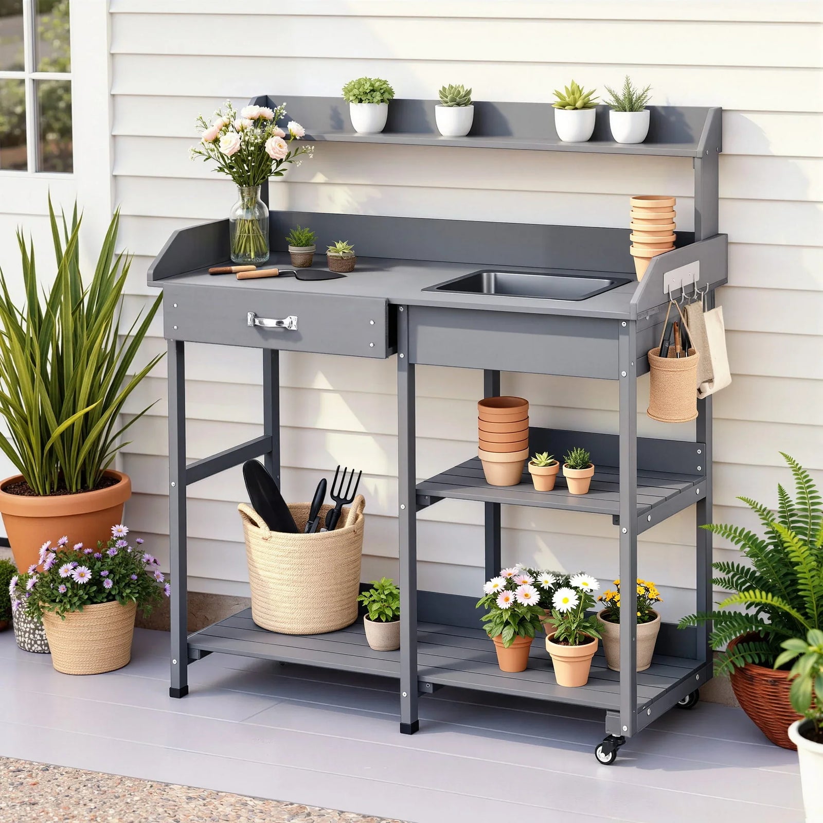 Cedar Potting Bench with Sink, Shelves, Drawers & Wheels – Grey