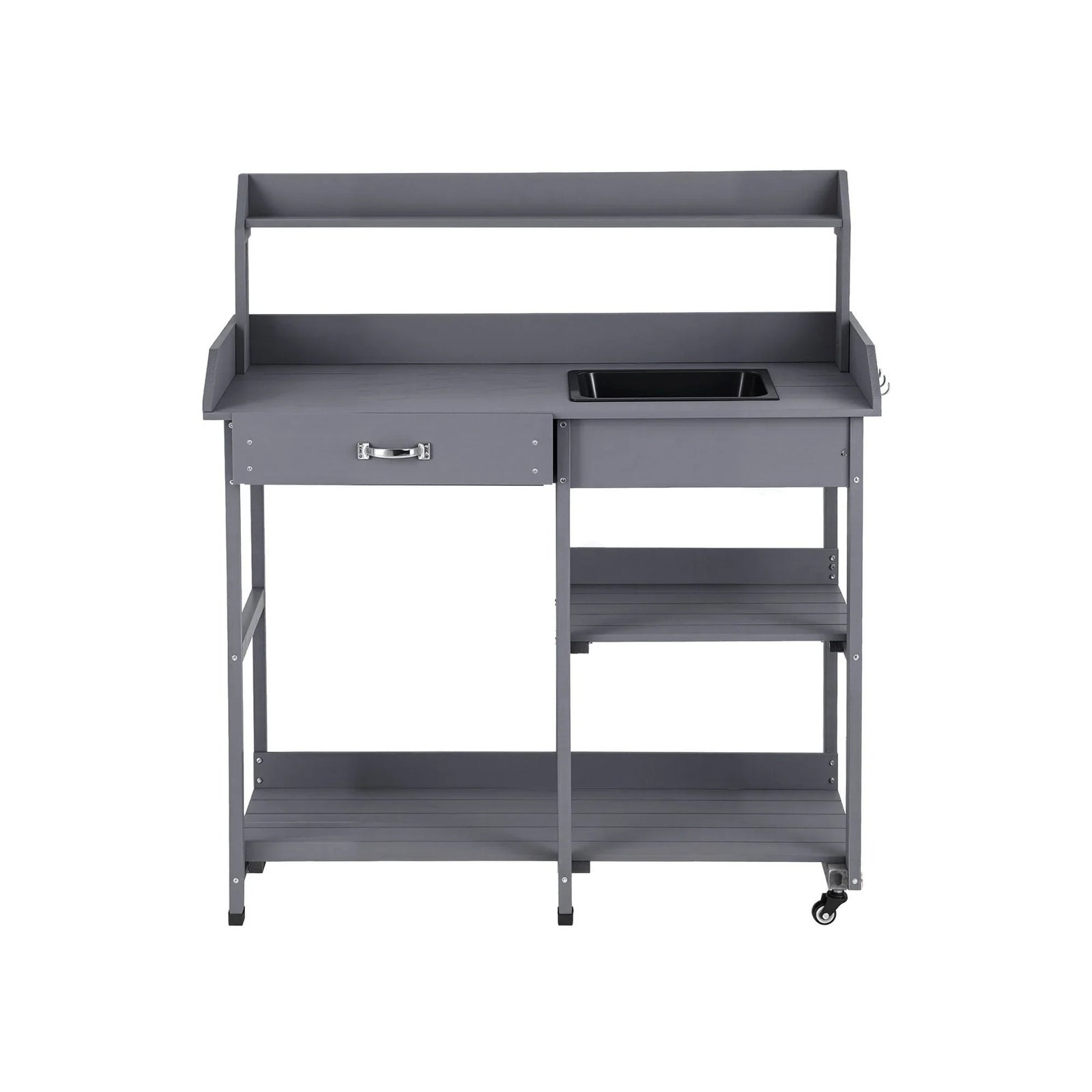 Cedar Potting Bench with Sink, Shelves, Drawers & Wheels – Grey