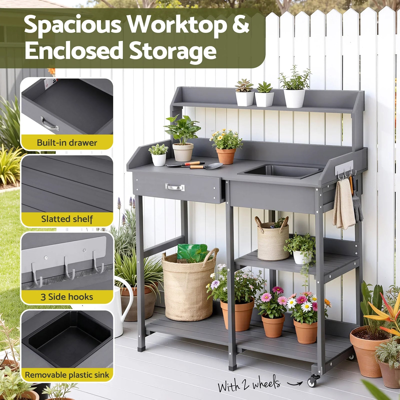 Cedar Potting Bench with Sink, Shelves, Drawers & Wheels – Grey