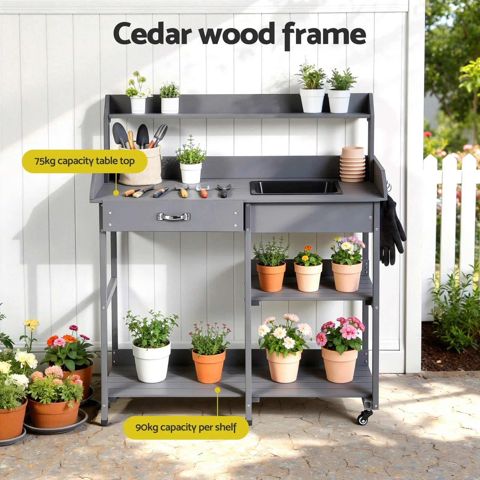 Cedar Potting Bench with Sink, Shelves, Drawers & Wheels – Grey