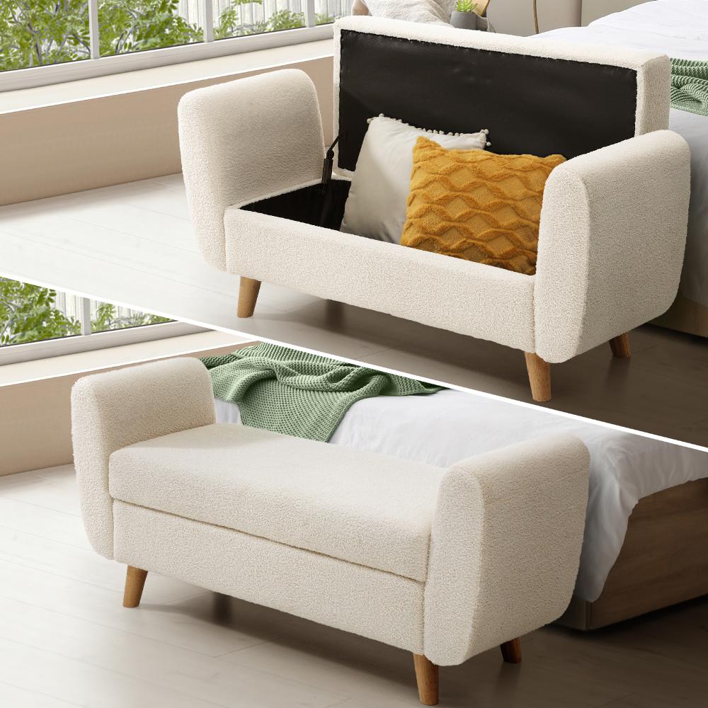 Storage Ottoman Sherpa Fabric White with Armrests