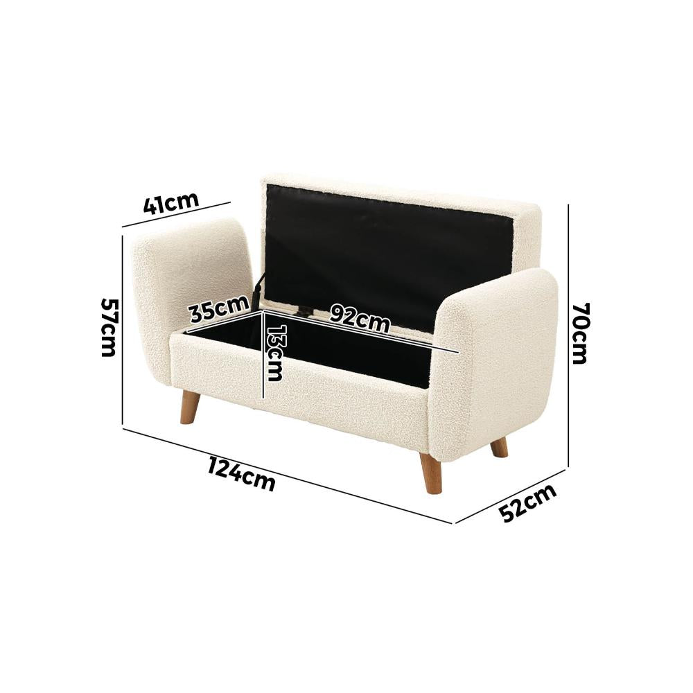 Storage Ottoman Sherpa Fabric White with Armrests