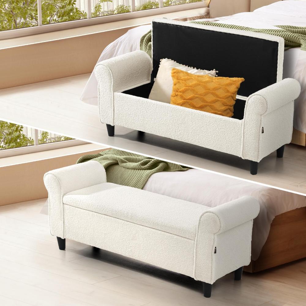 Storage Ottoman Faux Sherpa Fabric Large White