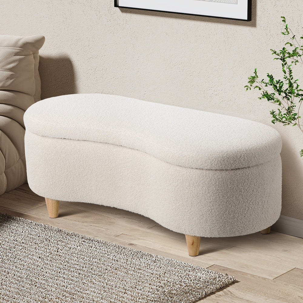 Oikiture Storage Ottoman Cashew Foot Stool Teddy Boucle Chest Bench