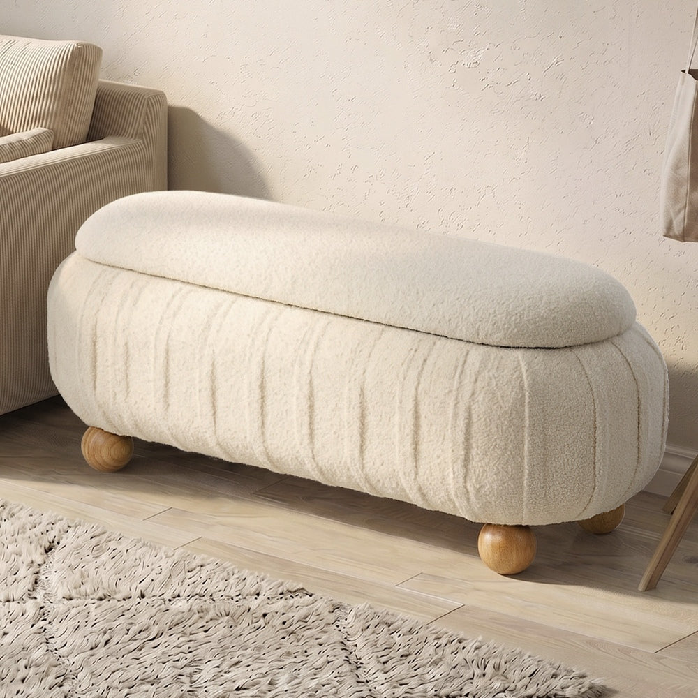 Oikiture 103cm Boucle Storage Ottoman Oval Bench Chest Ball Legs Beige
