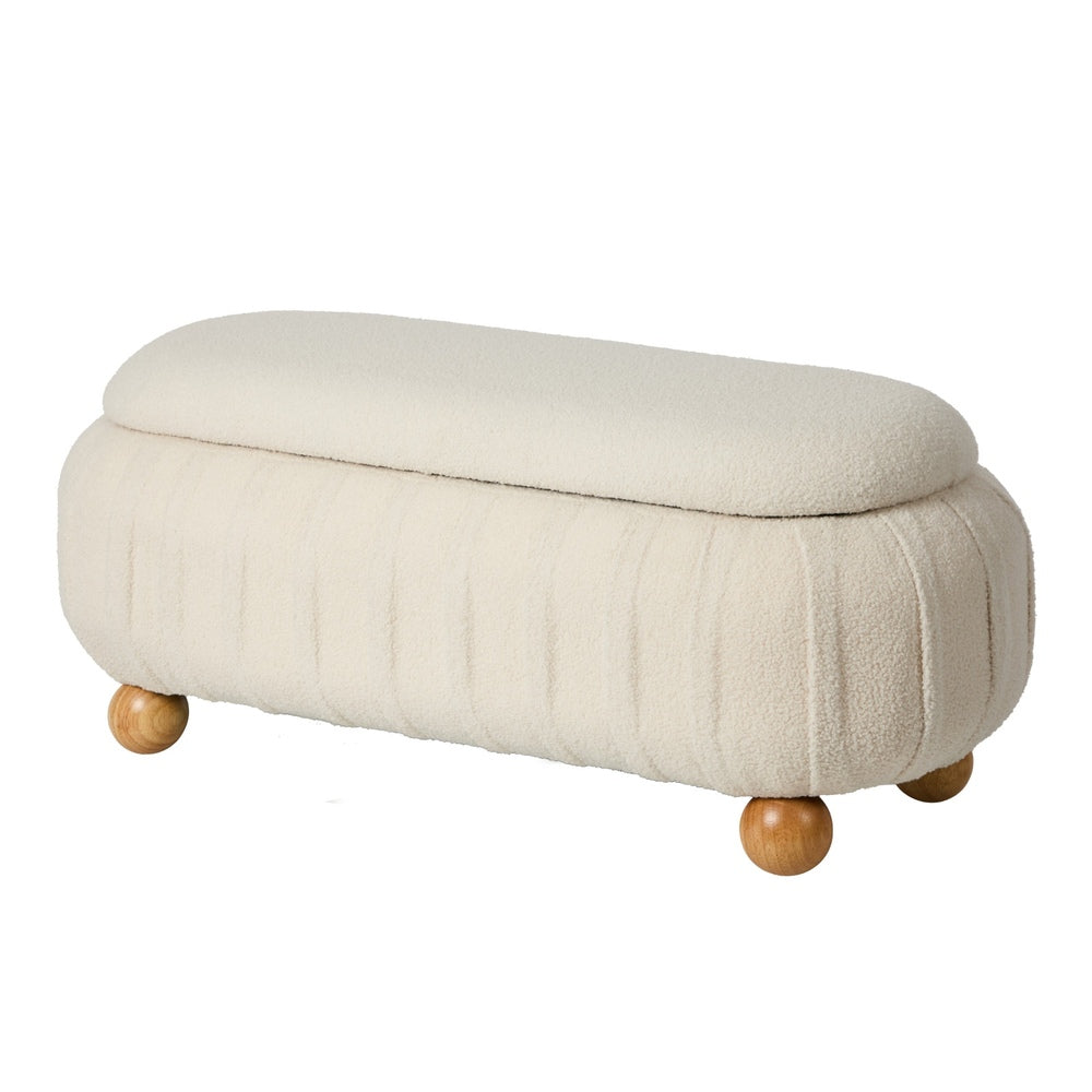 Oikiture 103cm Boucle Storage Ottoman Oval Bench Chest Ball Legs Beige