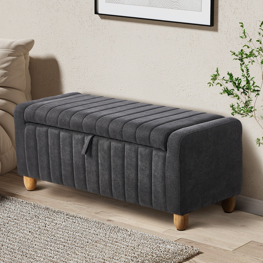 Oikiture Storage Ottoman Couch Footstool Linen Toy Chest Bench Grey