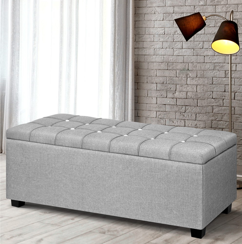 Artiss Storage Ottoman Blanket Box 97cm Button Linen Grey