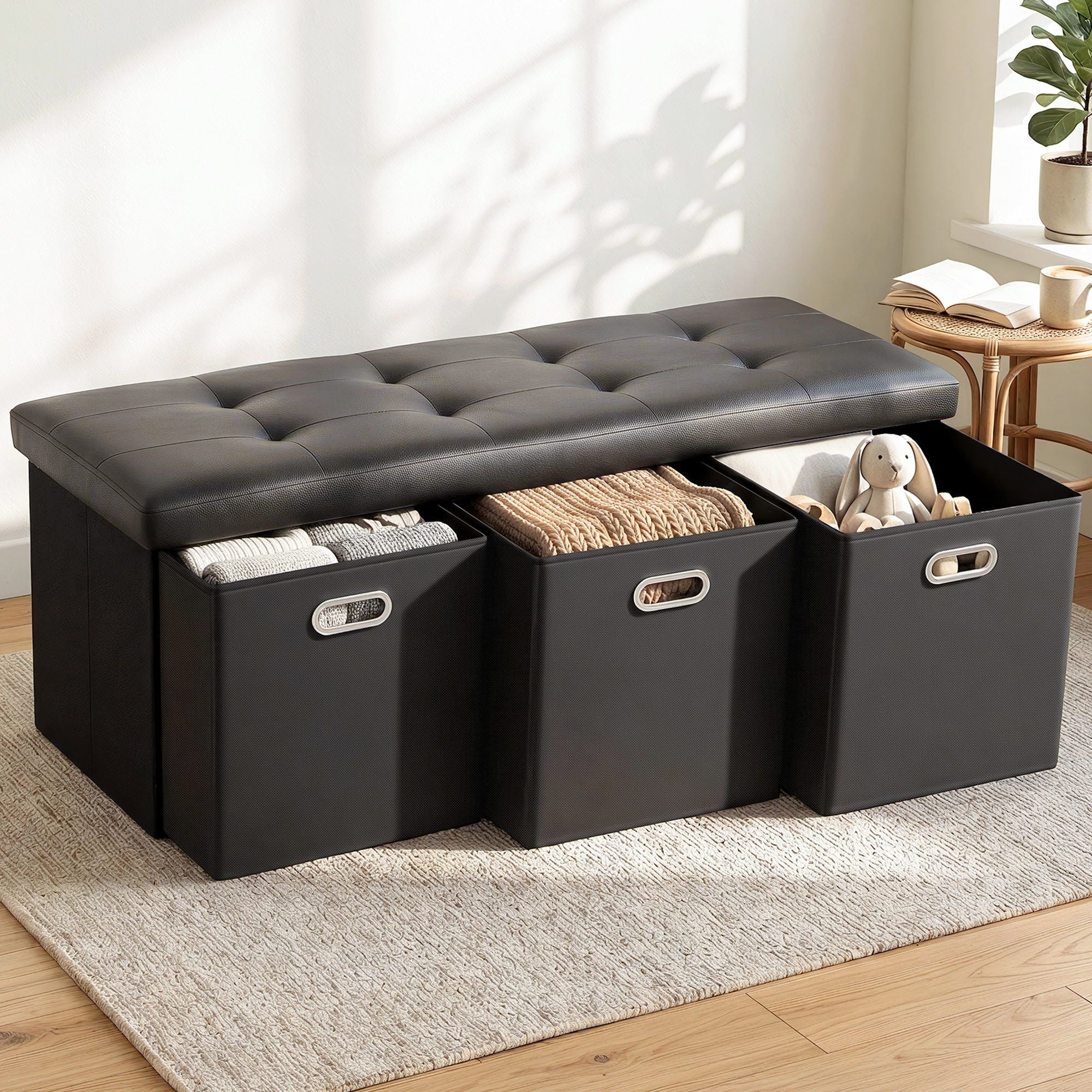 Footstool with Storage – 3 Drawers, PU Leather, 102×39×40cm, Black