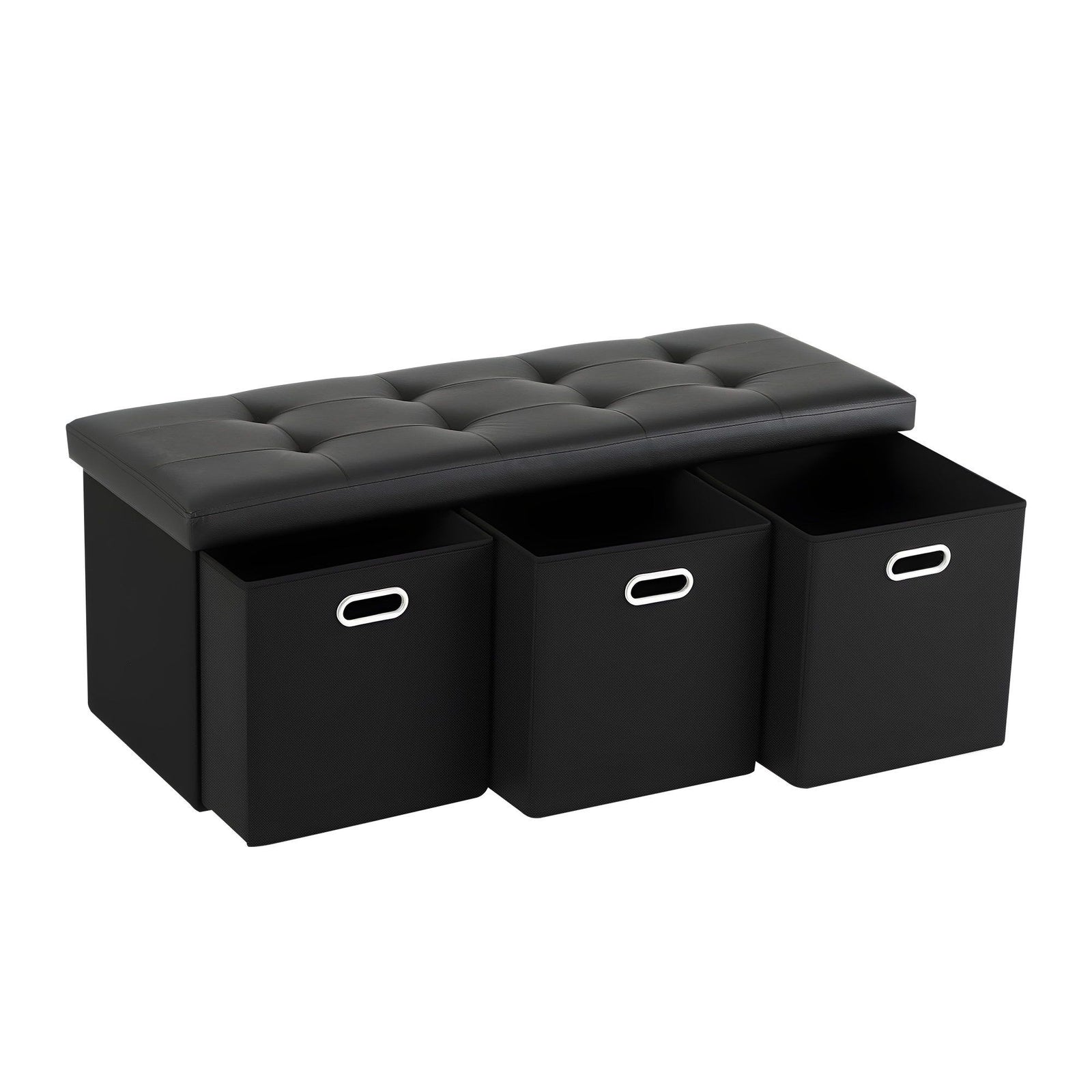 Footstool with Storage – 3 Drawers, PU Leather, 102×39×40cm, Black