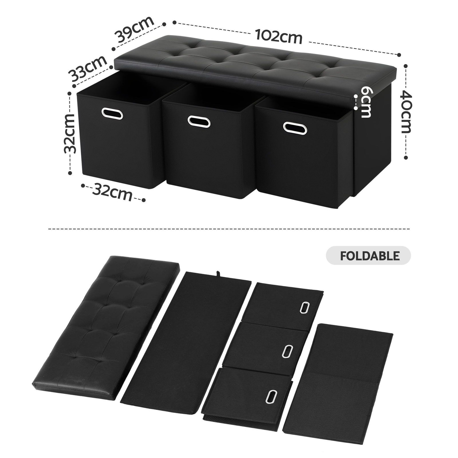 Footstool with Storage – 3 Drawers, PU Leather, 102×39×40cm, Black