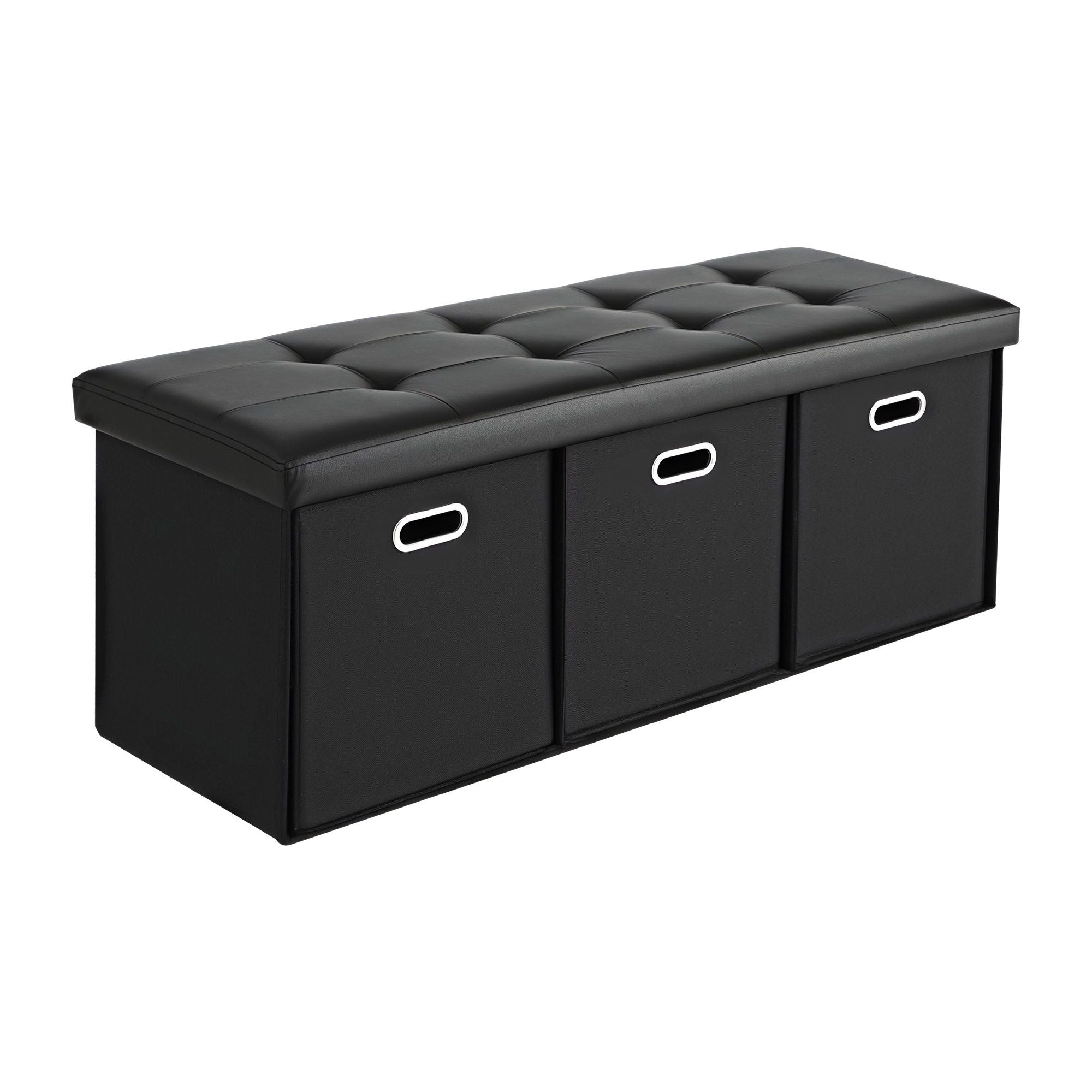 Footstool with Storage – 3 Drawers, PU Leather, 102×39×40cm, Black