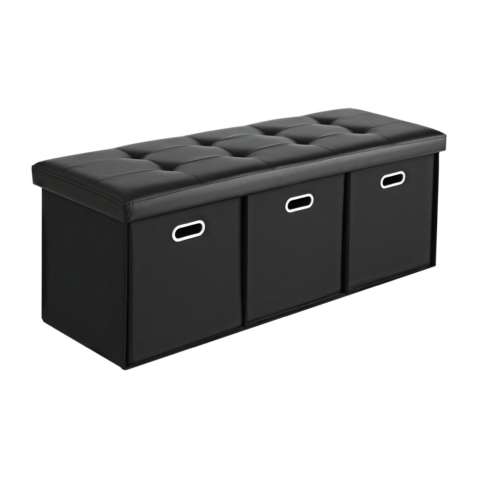 Footstool with Storage – 3 Drawers, PU Leather, 102×39×40cm, Black