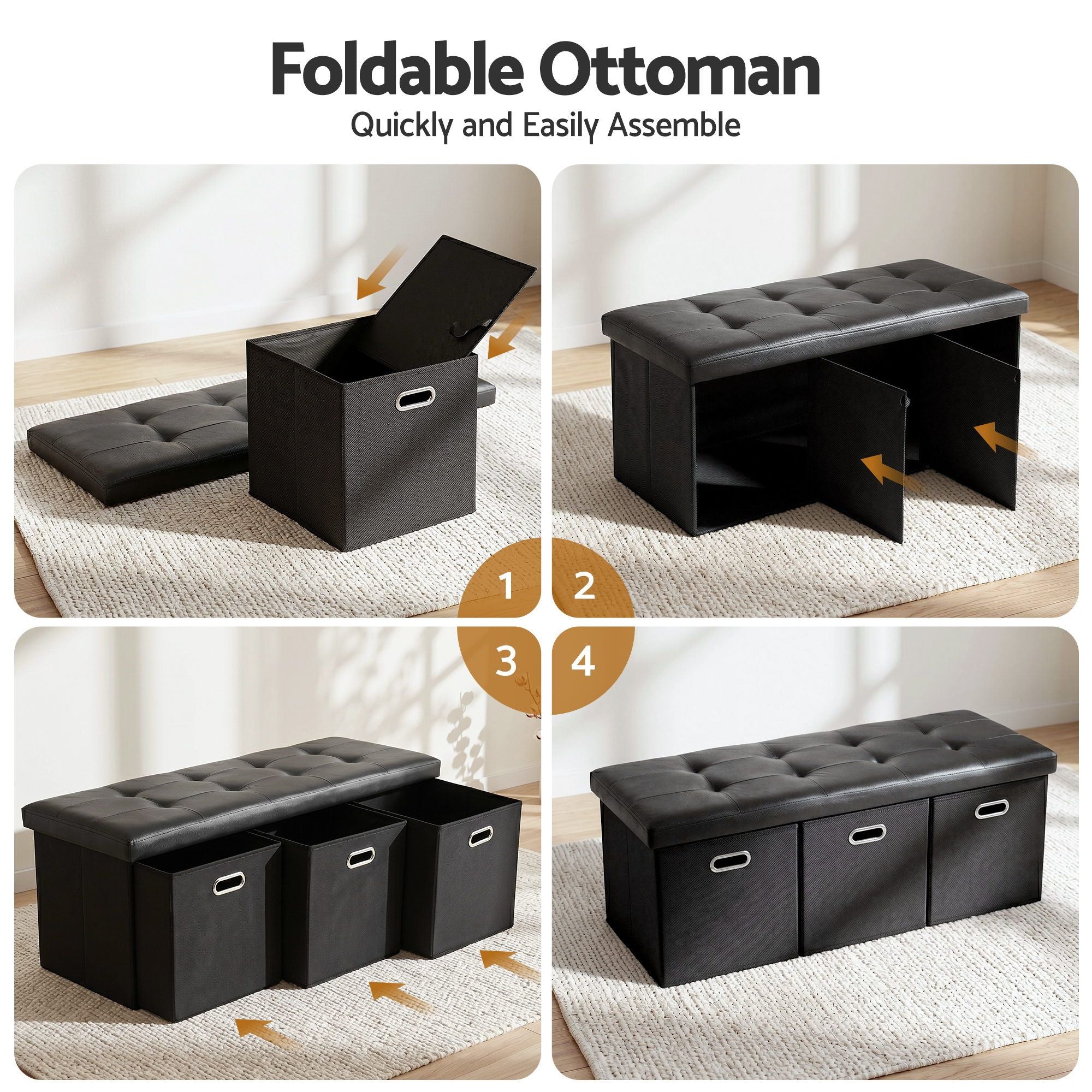 Footstool with Storage – 3 Drawers, PU Leather, 102×39×40cm, Black