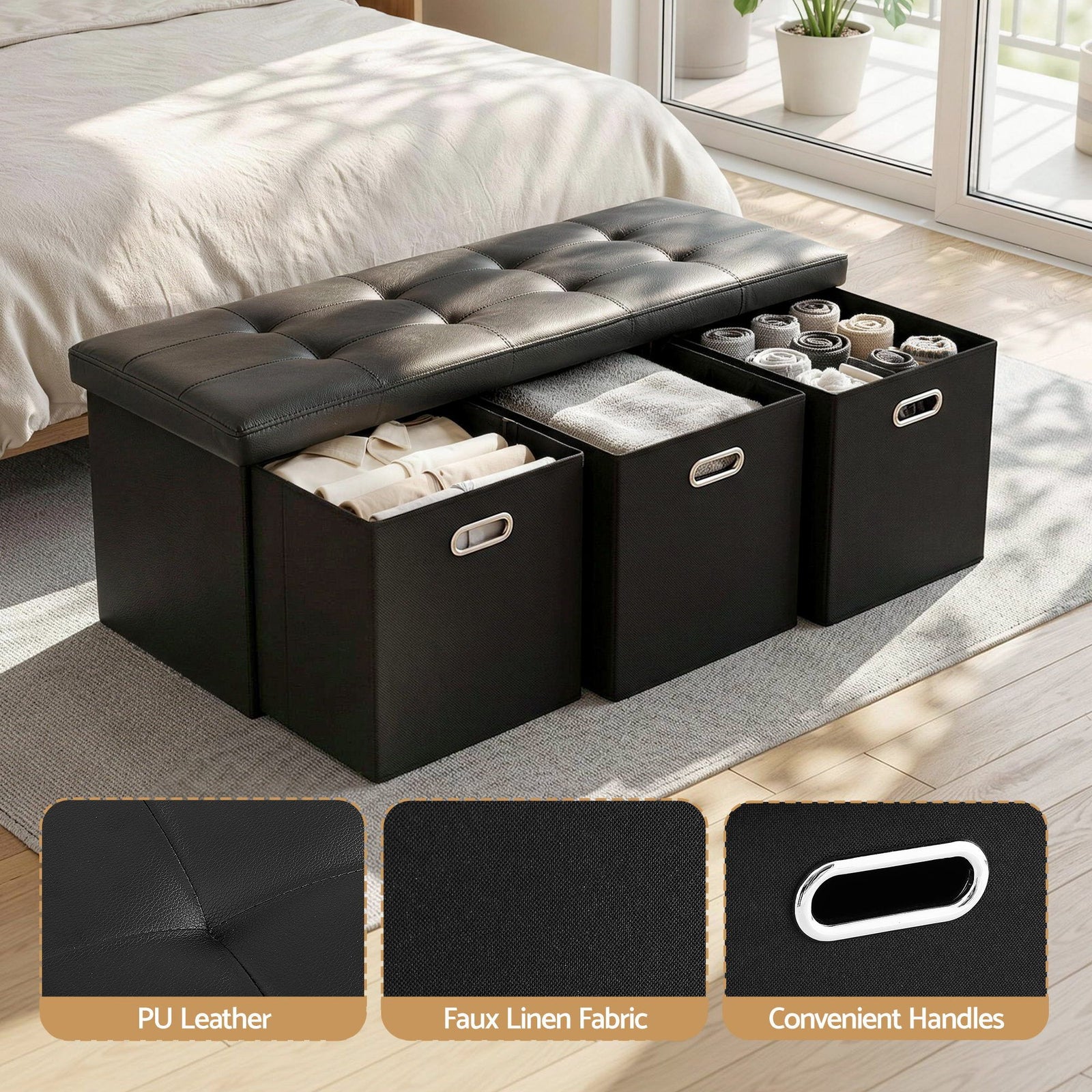 Footstool with Storage – 3 Drawers, PU Leather, 102×39×40cm, Black
