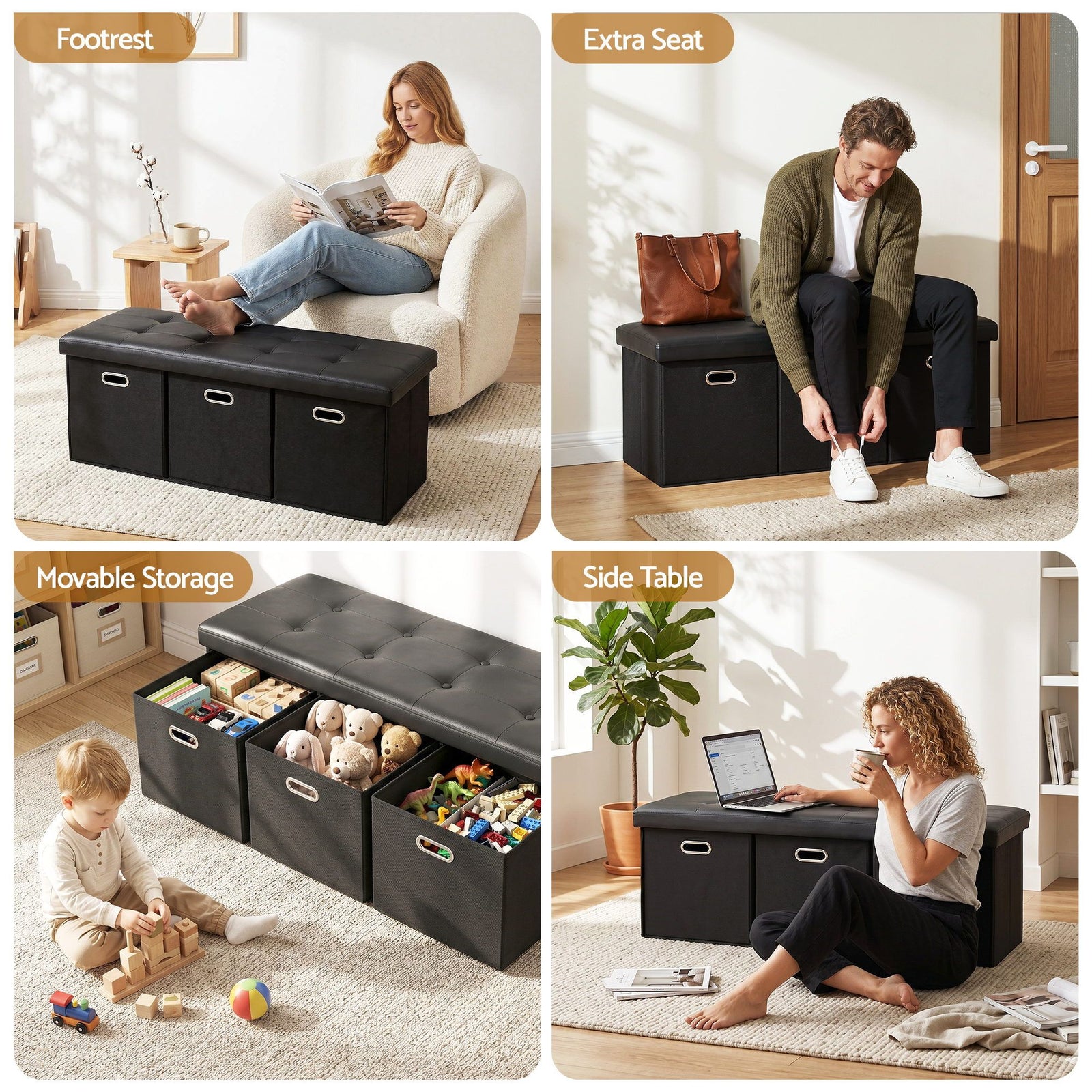 Footstool with Storage – 3 Drawers, PU Leather, 102×39×40cm, Black