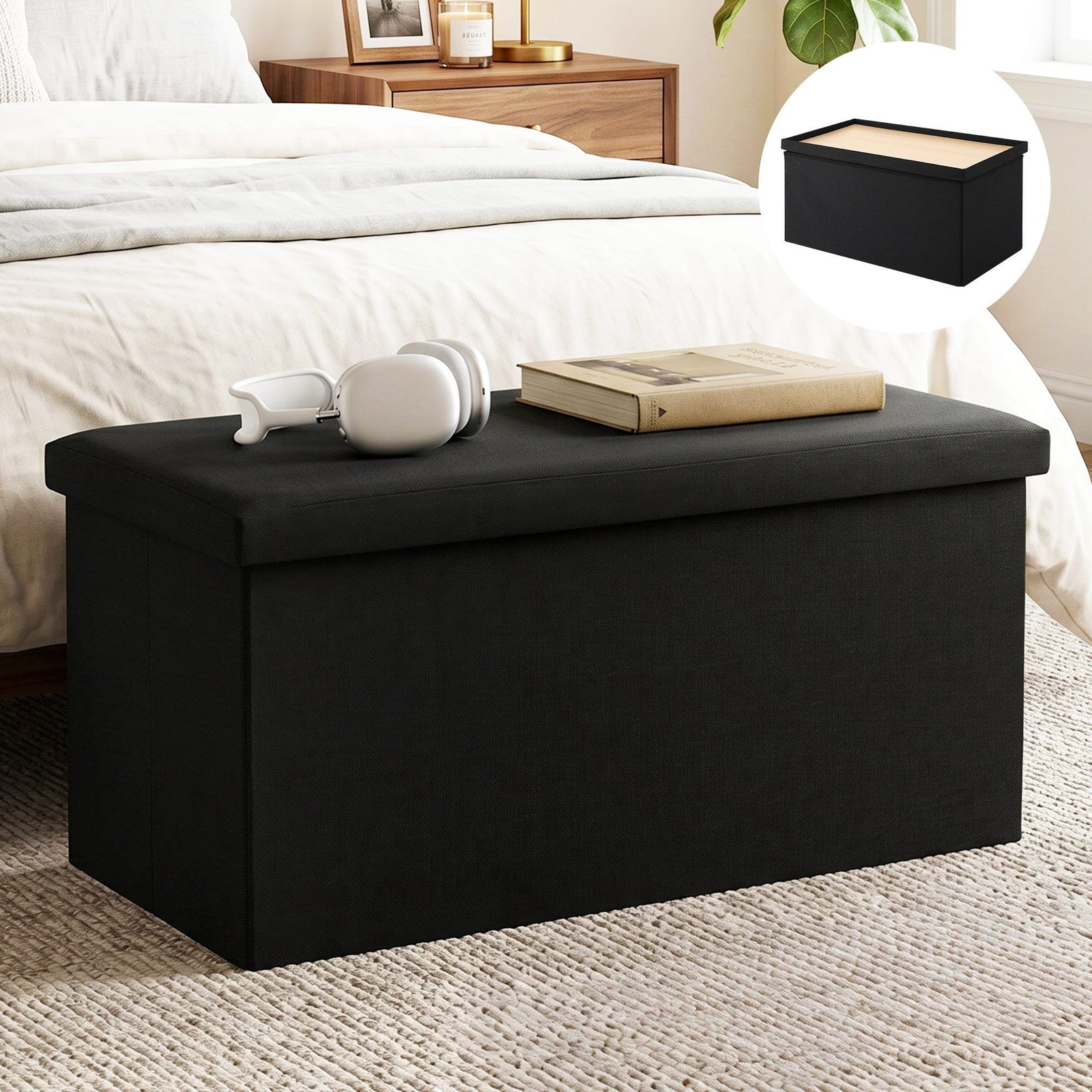 Artiss Storage Ottoman Bench – Black, Folding, Reversible Tray Top, Hidden Storage