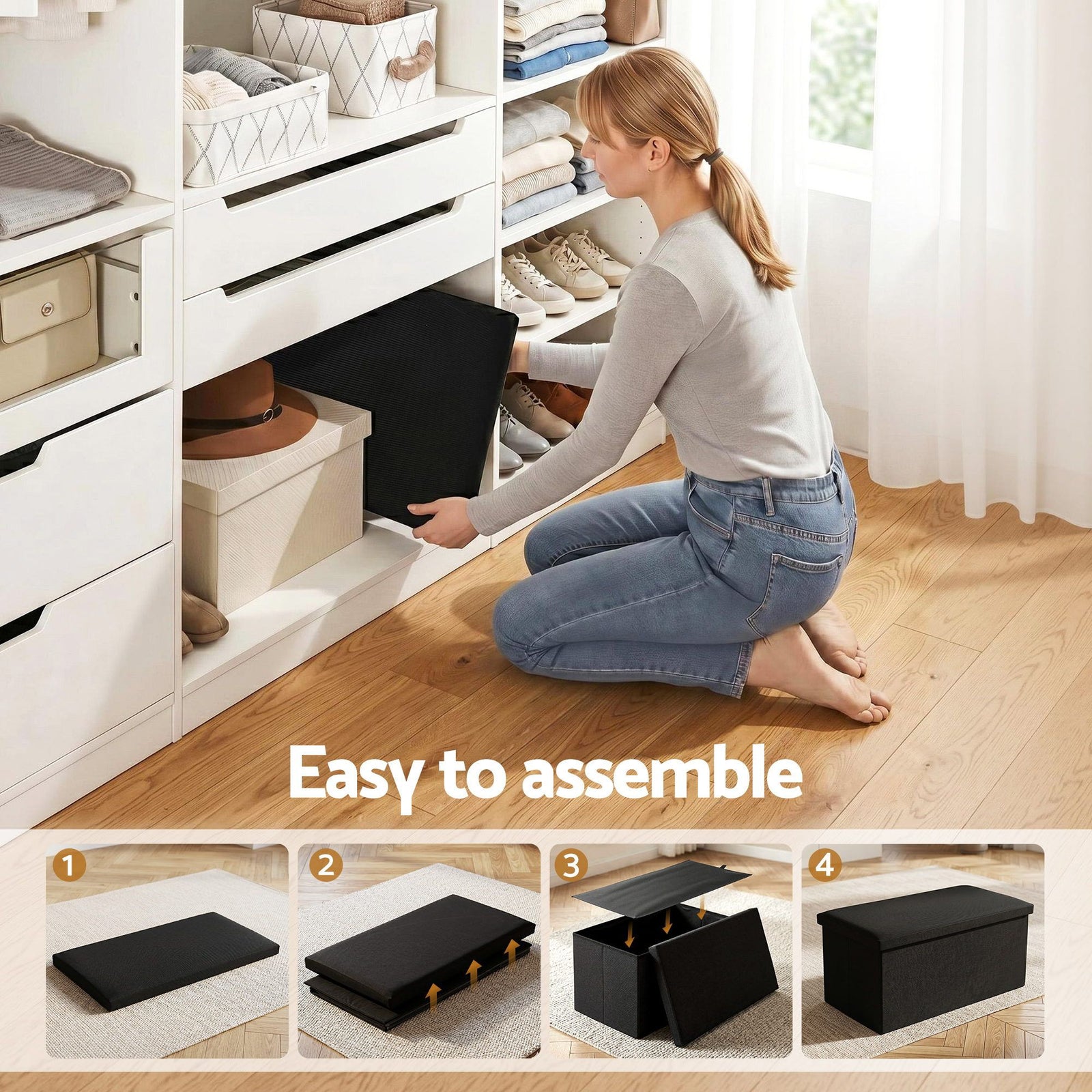 Artiss Storage Ottoman Bench – Black, Folding, Reversible Tray Top, Hidden Storage