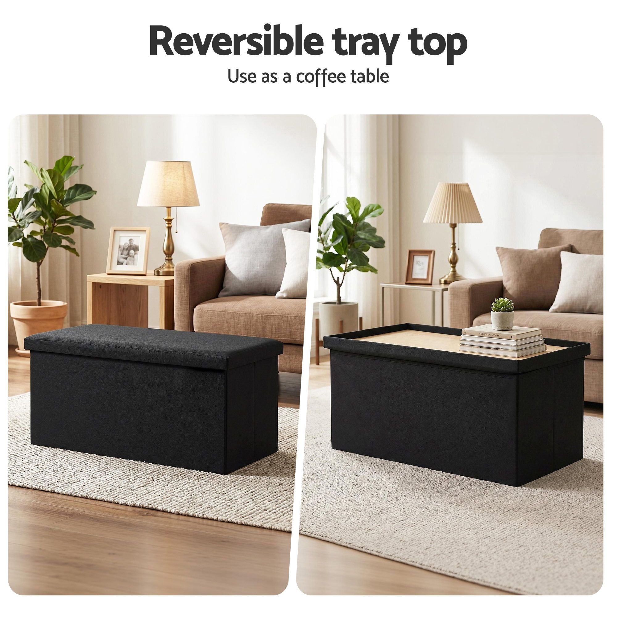 Storage Ottoman Bench – Black, Folding, Reversible Tray Top, Hidden Storage