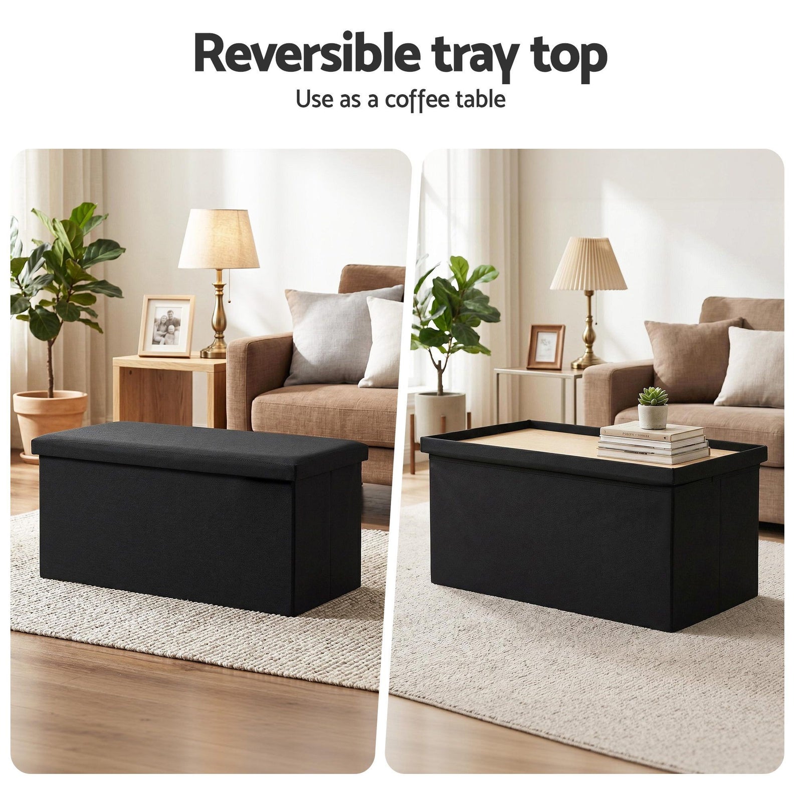 Artiss Storage Ottoman Bench – Black, Folding, Reversible Tray Top, Hidden Storage