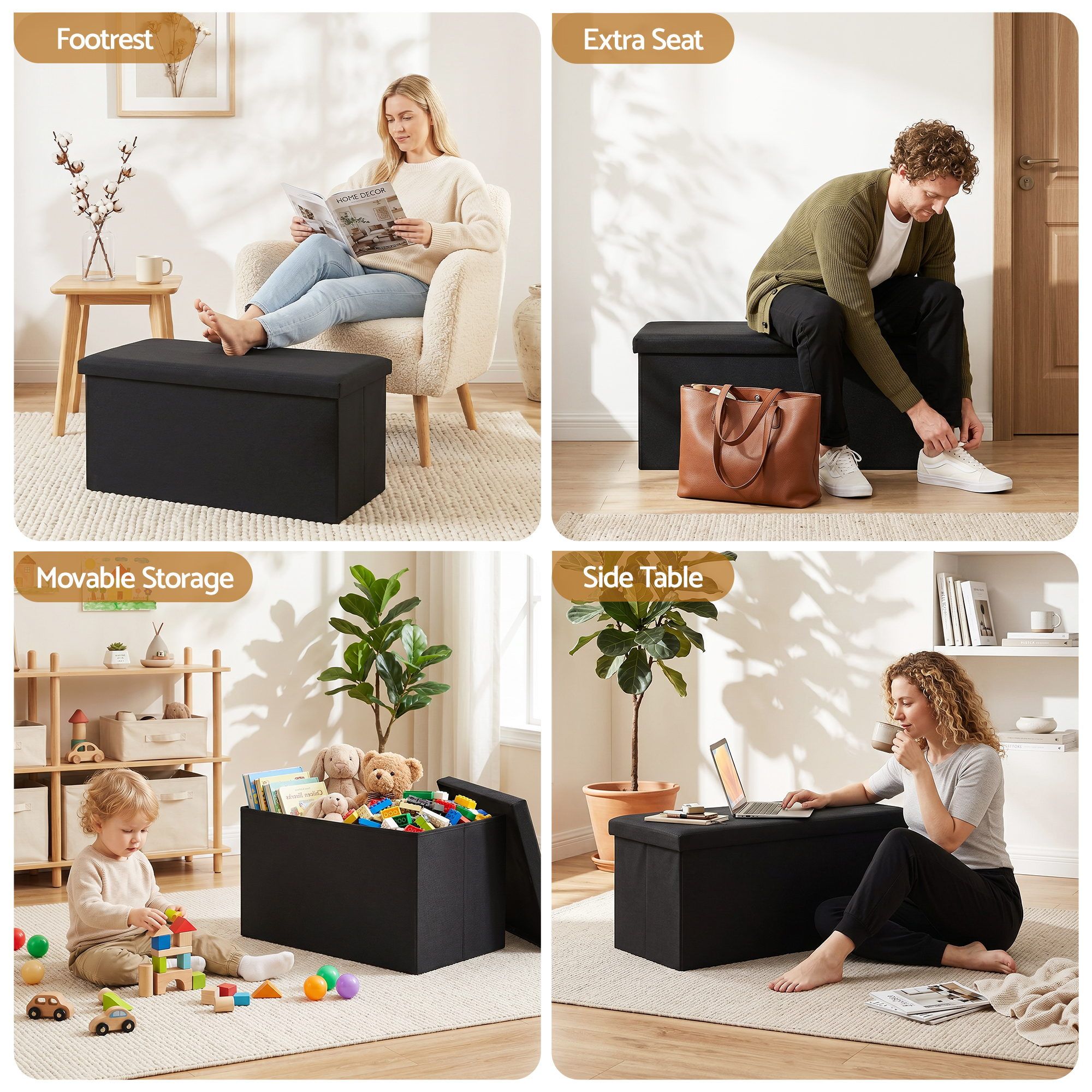 Storage Ottoman Bench – Black, Folding, Reversible Tray Top, Hidden Storage
