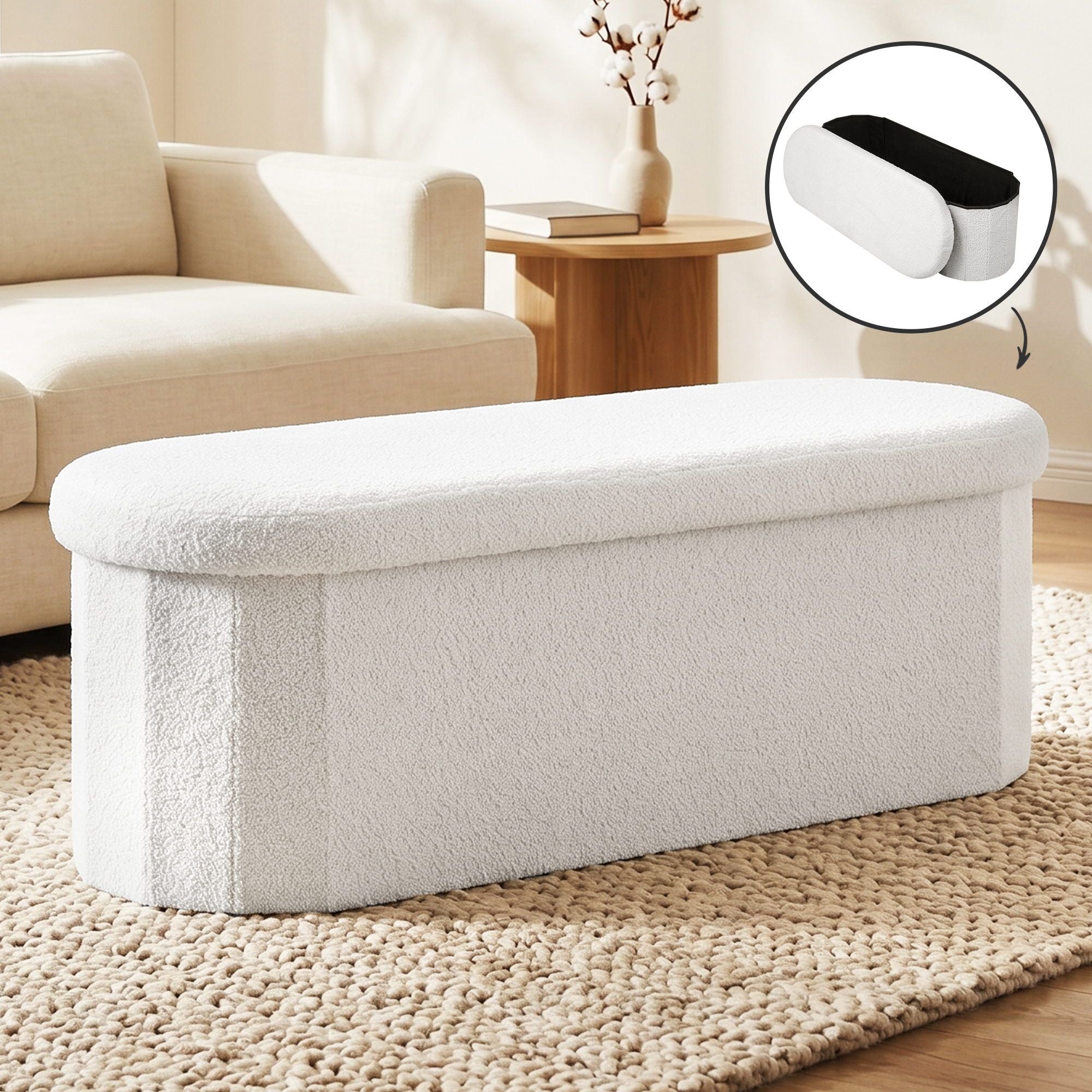 Storage Ottoman Footstool – White Bouclé, Foldable, Hidden Storage, 150kg